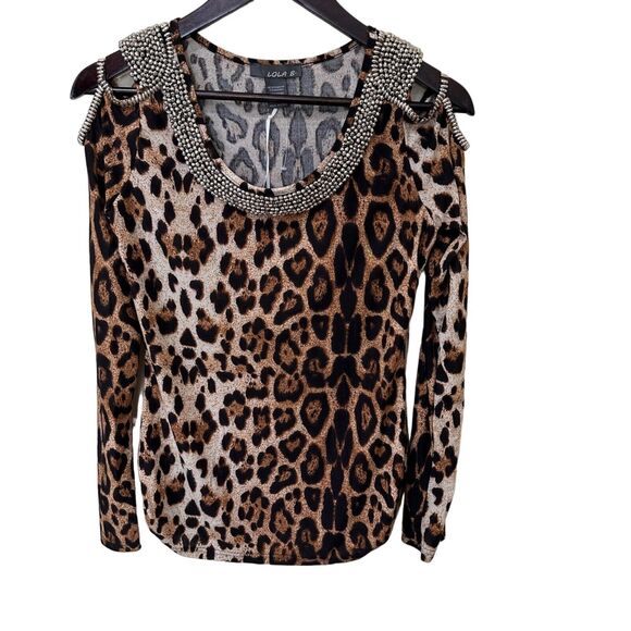 Cheetah Print Cold Shoulder Blouse Womens Large Lola B Silver Beaded Top‎ New - Picture 1 of 12